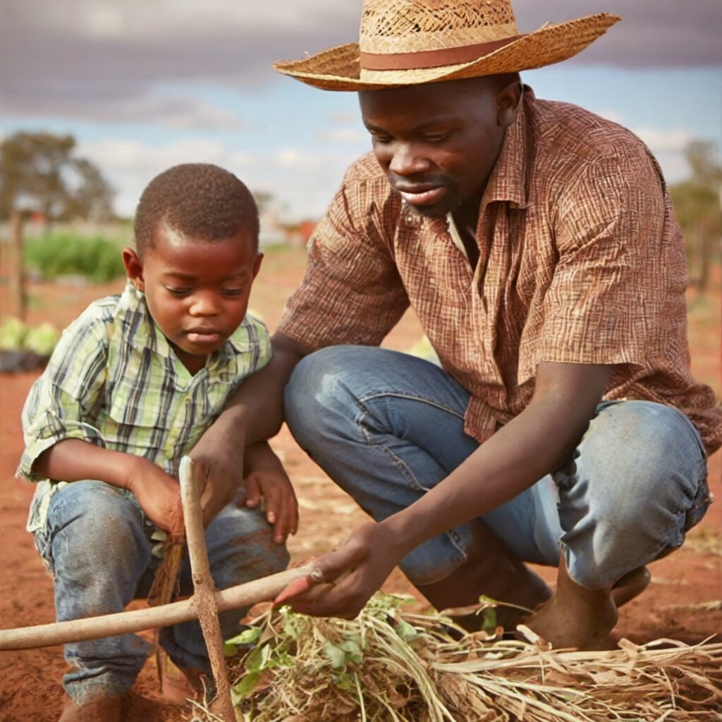 Un homme et un enfant utilise des outils agricoles