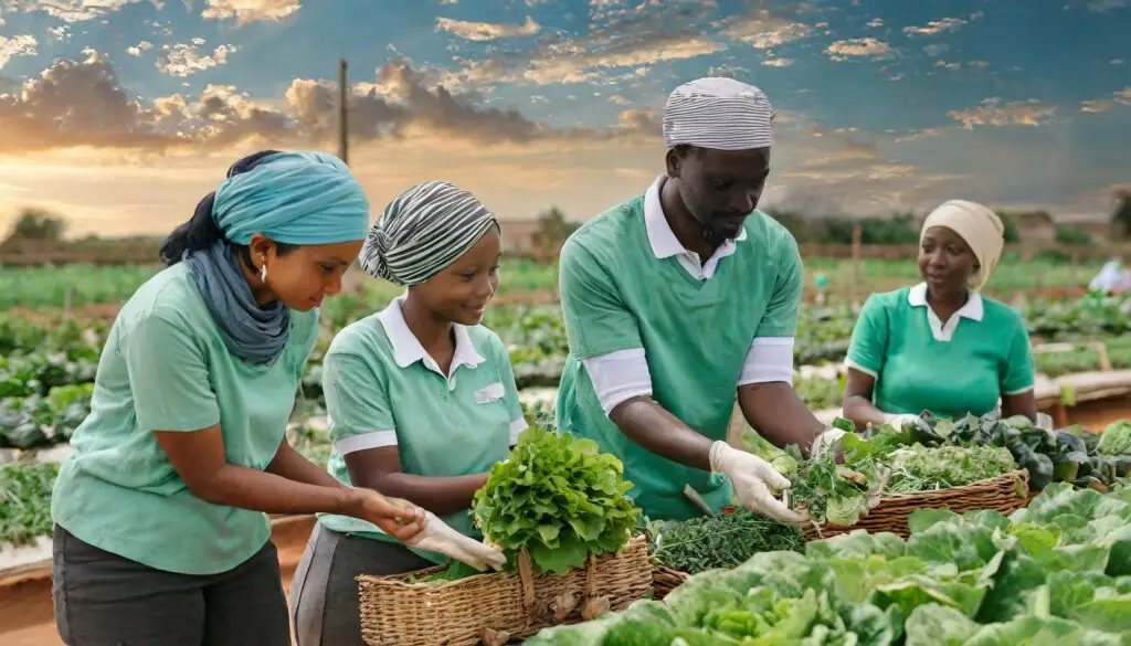 Image IA jeunes maliens récoltant des légumes dans un maraichage