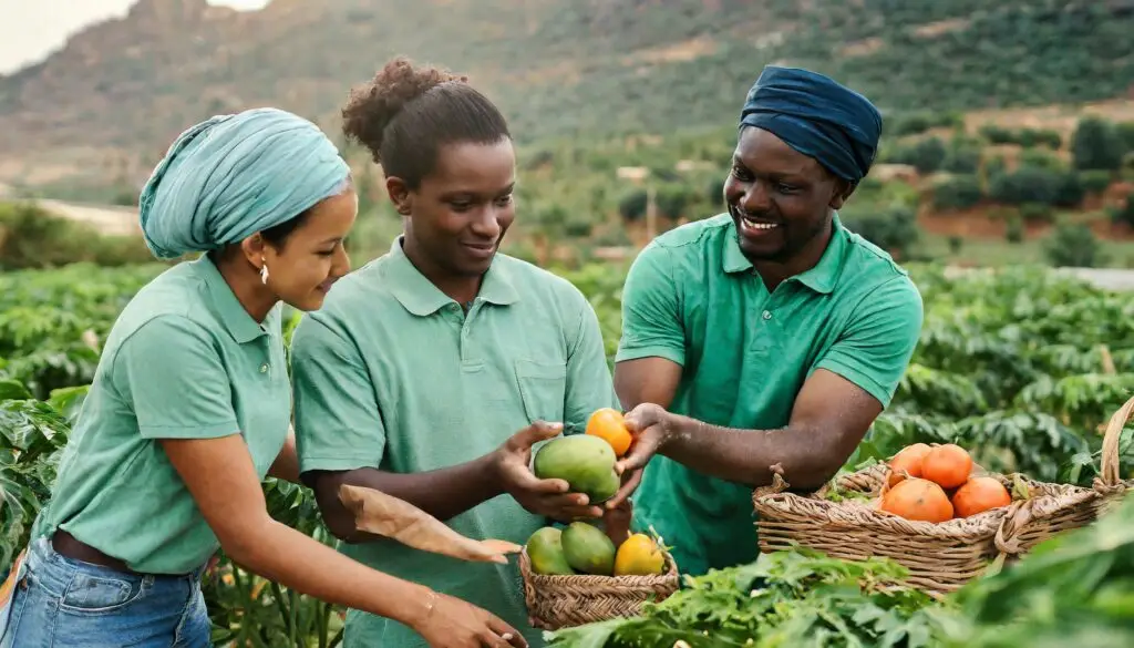 image IA apprenants africains récoltant des légumes.