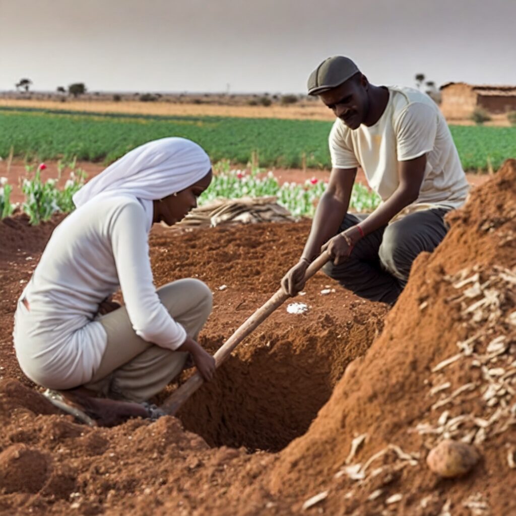 Un homme et une femme creusent un trou près d'une butte de terre