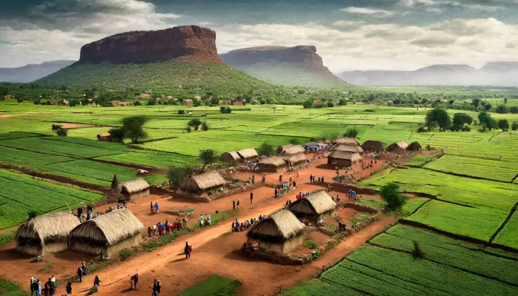 image IA représentant paysage avec village et champs et montagnes.