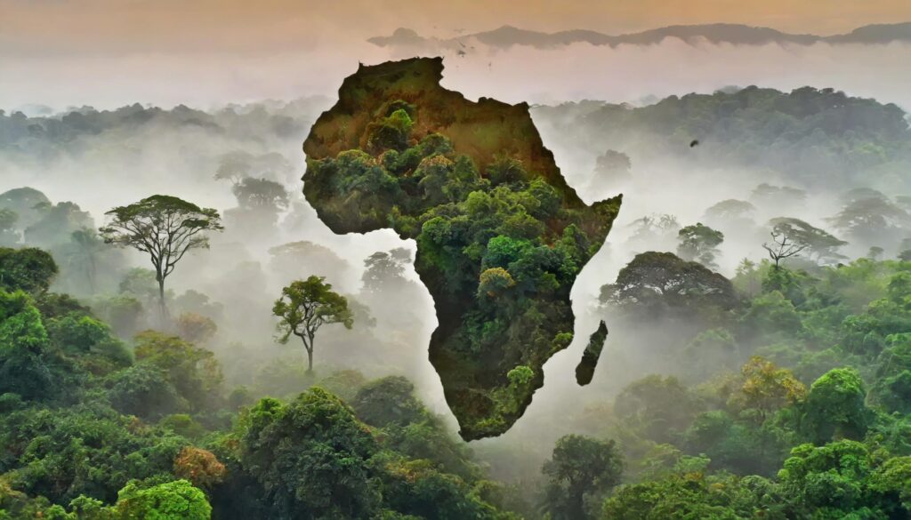 Continent africain sur fond de foret brumeuse.